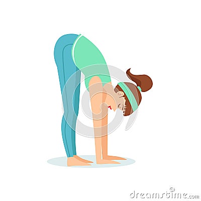 Standing Forward Bend Uttanasana Yoga Pose Demonstrated By The Girl Cartoon Yogi With Ponytail In Blue Sportive Clothing Vector Illustration