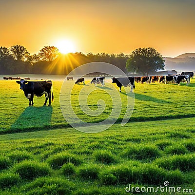 a standing in front of a herd of cows in a field of grass with the sun shining on the cows in the background and behind Cartoon Illustration