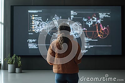 Standing in front of a massive digital display analyzing complex data patterns in a modern, high-tech environment Stock Photo