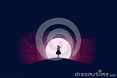 Standing Girl Silhouette Under Moon At Night Stock Photo