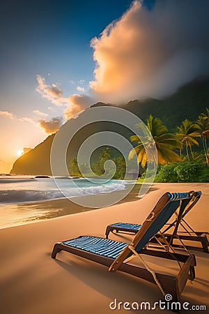 The beach is adorned with comfortable loungers, lush coconut trees, and basks under the warm sun. Stock Photo