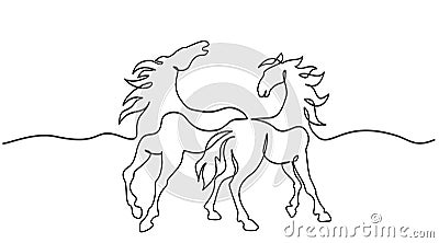 Standing horses on pasture. Continuous one line drawing. Horse logo. Vector Illustration