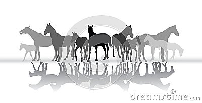 Standing horses silhouette with reflection Vector Illustration