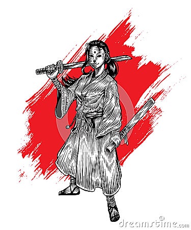 Standing Masked Samurai Girl Holding Katana, Hand Draw Illustration Stock Photo
