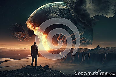 Standing near the edge of the world to witness a massive destruction Stock Photo