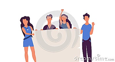 Standing people holding banner vector flat illustration. Character friend protest together blank. Group demonstration poster Vector Illustration