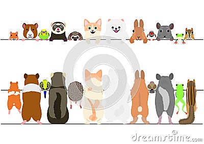 Standing pet animals front and back border set Vector Illustration