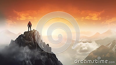 Back of man standing on mountain top with orange skies Stock Photo