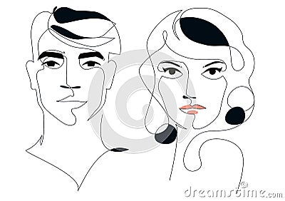 abstract faces one line drawing. Couple portret Vector Illustration