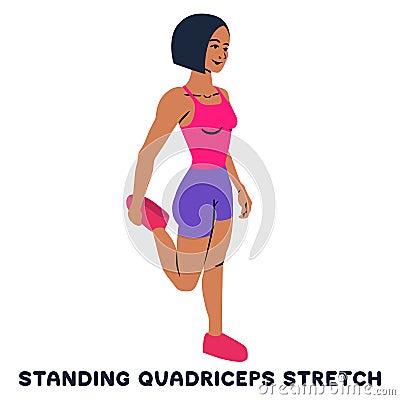 Standing quadriceps stretch. Sport exersice. Silhouettes of woman doing exercise. Workout, training Cartoon Illustration