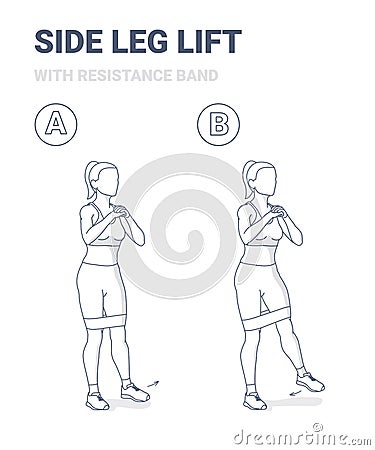 Standing Side Leg Lifts with Resistance Band Girl Home Workout Exercise Guidance Outline Concept. Vector Illustration