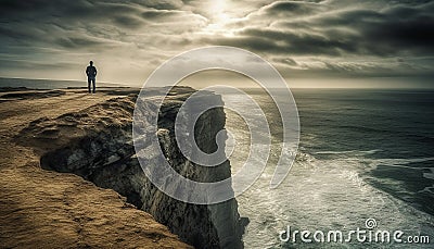 Standing silhouette, one person, majestic mountain peak, tranquil seascape generated by AI Stock Photo