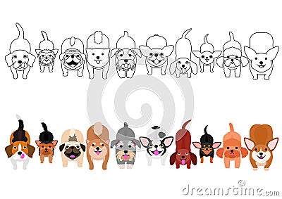 Standing small dogs looking up border set Vector Illustration