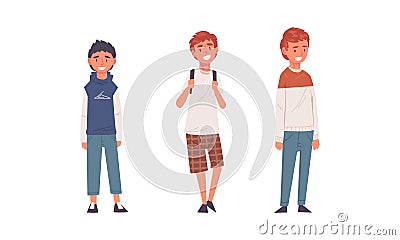 Standing and Smiling Schoolchildren and Pupil with Backpack Vector Set Vector Illustration