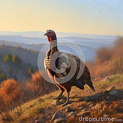 Standing turkey on a hill in the background, Valley Forest Fields. Turkey as the main dish of thanksgiving for the harvest Vector Illustration