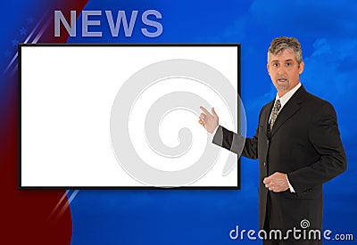 Standing TV newscaster reporter w blank screen Stock Photo