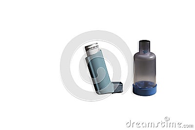 Standing up pictures of inhaler puffer and spacer for Asthmatic person Stock Photo