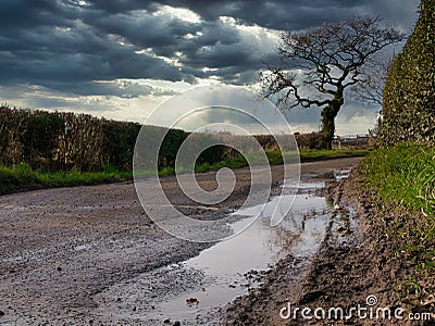 Standing water in pot holes on a damaged section of country lane in the north-west UK in winter Stock Photo