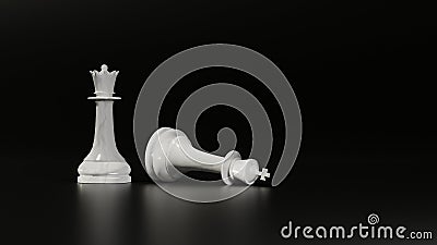 Standing white chess queen next to a fallen king. Digital 3D rendering Stock Photo