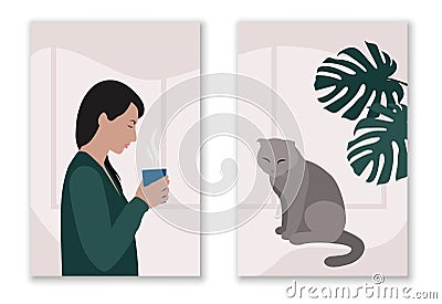 Standing woman, sitting cat with monstera for diptych poster Vector Illustration