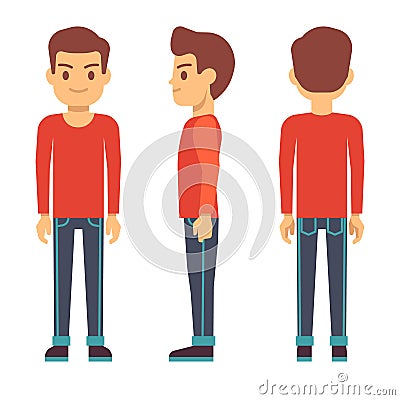 Standing young man, boy character in front, back, side view in casual clothes vector set Vector Illustration