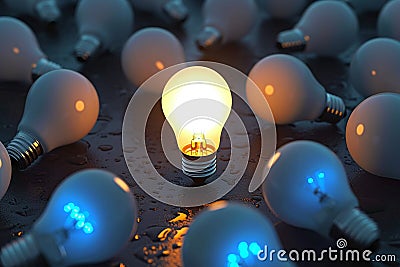 Standout concept 3D light bulb shines amidst dark incandescent bulbs Stock Photo