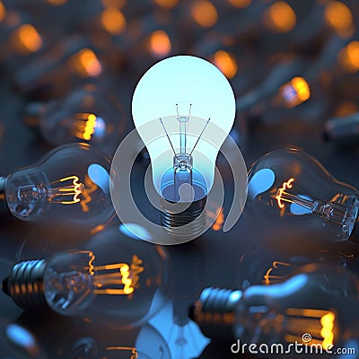 Standout concept 3D light bulb shines amidst dark incandescent bulbs Stock Photo