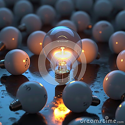 Standout concept 3D light bulb shines amidst dark incandescent bulbs Stock Photo