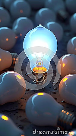 Standout concept 3D light bulb shines amidst dark incandescent bulbs Stock Photo