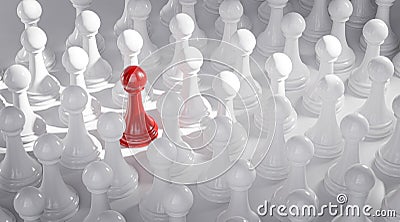 Standout Concept Red Pawn Chess Between White Pawns 3D Render Stock Photo