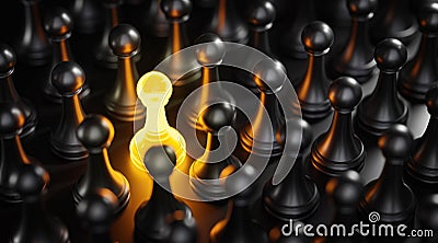 Standout Concept Yellow Glow Pawn Chess Between Black Pawns 3D Render Stock Photo