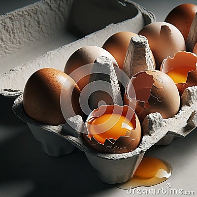 Standout raw egg with yolk among uniform white eggs. Concept of uniqueness and natural food Stock Photo