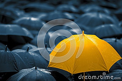 A Standout Umbrella Amidst A Crowd, Representing Leadership And Uniqueness Stock Photo