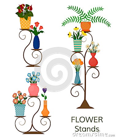 Stands with houseplants and potted flowers. Vector Illustration