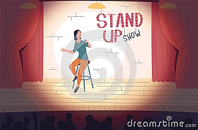 Standup comedian. Stand up person on stool speaking monologue at scene stand-up comedy humor show, laughing people Vector Illustration