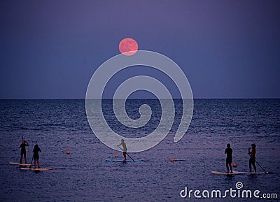 Standup paddleboarding under full moon Editorial Stock Photo