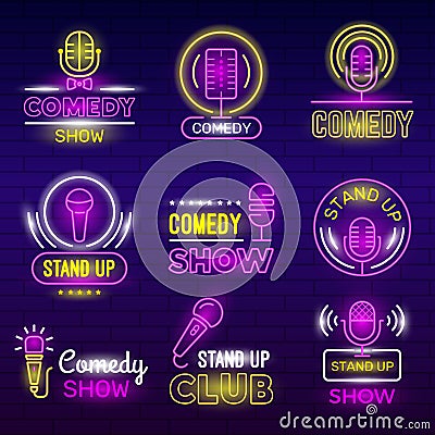 Standup show. Retro microphone comedy club neon logotypes comedian identity vector set collection Vector Illustration