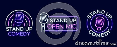 Standup show signs. Neon comedy club and open microphone icons. Comedian entertainment and event vector symbols Vector Illustration