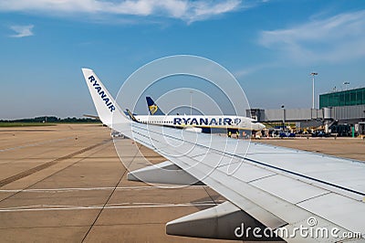 06/09/2021. Stansted Airport, UK. Ryanair airplane ready for departure, taxing to runway. Stansted Airport operated by Manchester Editorial Stock Photo