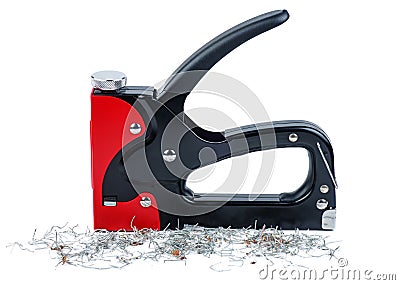 Staple gun and used staples wire sisolated on white Stock Photo