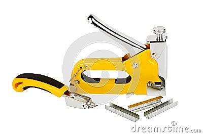 Stapler for furniture, staples, staple remover, isolated on white background Stock Photo