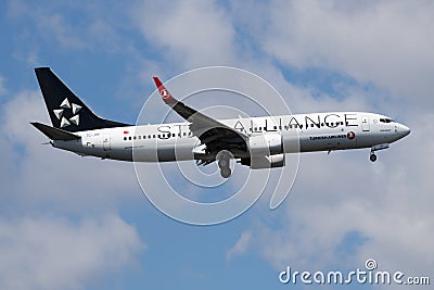 Star Alliance Turkish Airlines Boeing 737-800 TC-JHE passenger plane landing at Istanbul Ataturk Airport Editorial Stock Photo