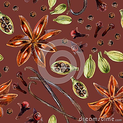 Star anise, allspice, vanilla, cloves and cardamon Cartoon Illustration