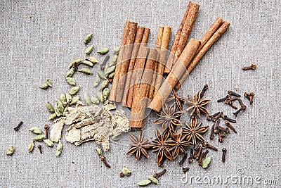 Star anise Cardamom nutmeg cinnamon ginger clove spice canvas Stock Photo