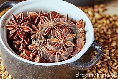 Star anise in a ceramic dish. Additives for brewing beer Stock Photo