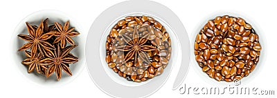 Star anise fruits and seeds, Illicium verum, in white bowls Stock Photo