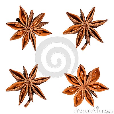 Star anise. Set of four star anise fruits. Closeup Isolated on white background without shadow, top view of chinese badiane spice Stock Photo