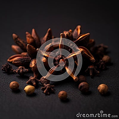 Star anise spice on a black background - selective focus Stock Photo