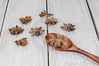 Star Anise on a Wooden Spoon Stock Photo