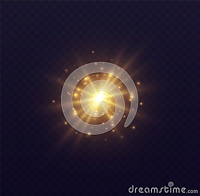 Star burst with sparkles, lens flare with particles, golden star explosion. Shining sun with fairy dust. Vector Illustration